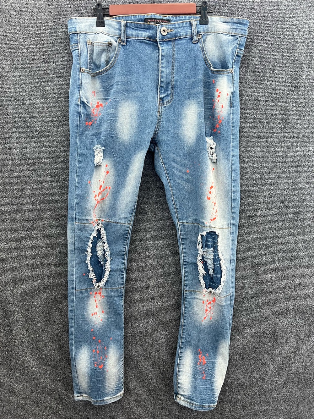 M. Society Distressed Denim Jeans Men's Size 40x32 Skinny Fit Paint Splatter